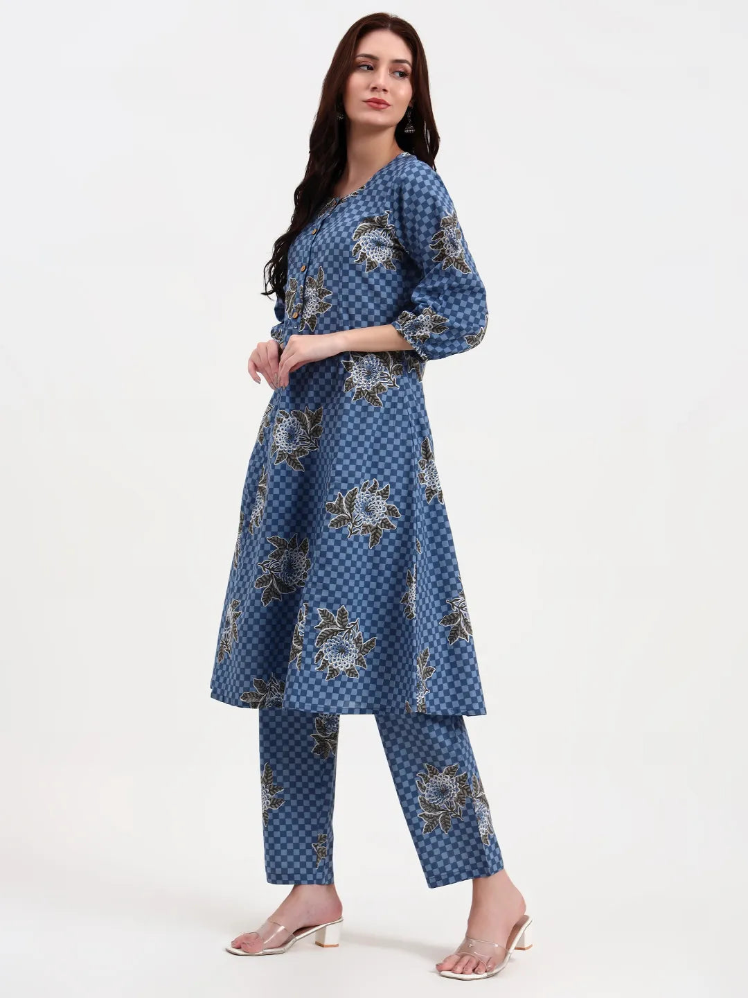 Blue Cotton A Line Kurta Set