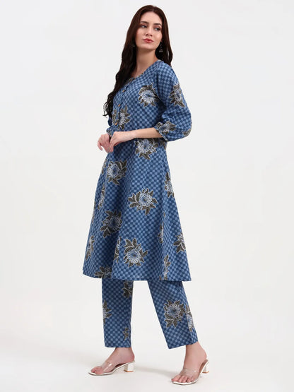 Blue Cotton A Line Kurta Set