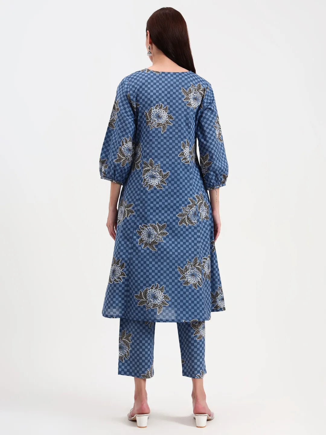 Blue Cotton A Line Kurta Set