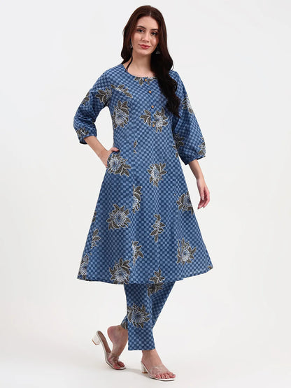 Blue Cotton A Line Kurta Set