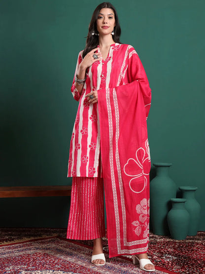 Pink Pure Cotton Striped Kurta Palazzo & Dupatta Set