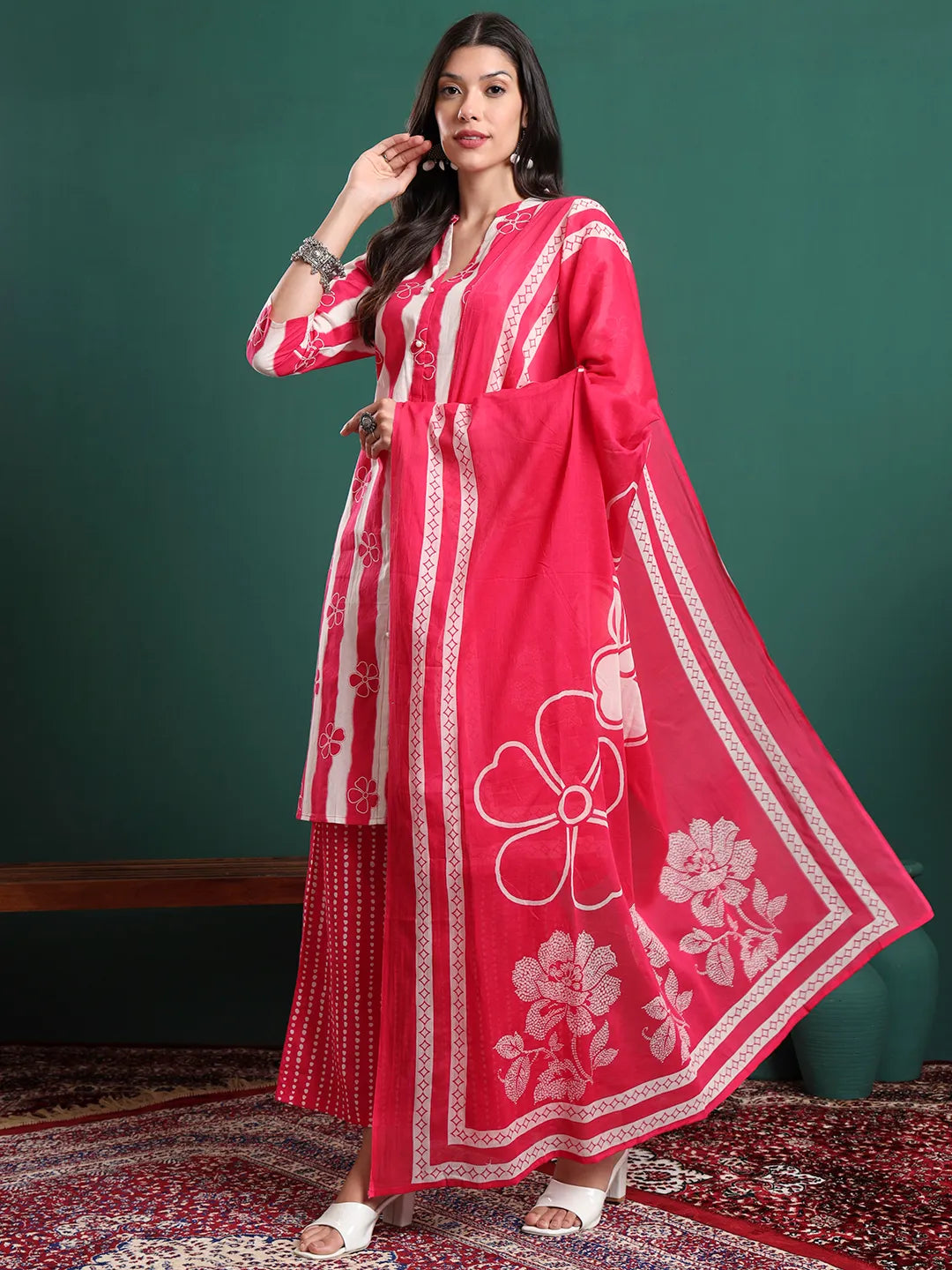 Pink Pure Cotton Striped Kurta Palazzo & Dupatta Set