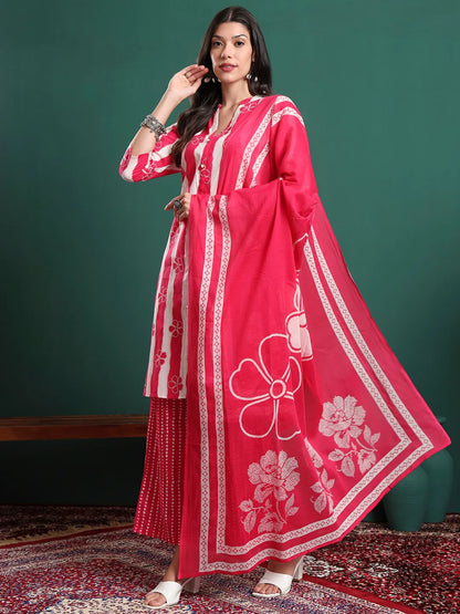 Pink Pure Cotton Striped Kurta Palazzo & Dupatta Set