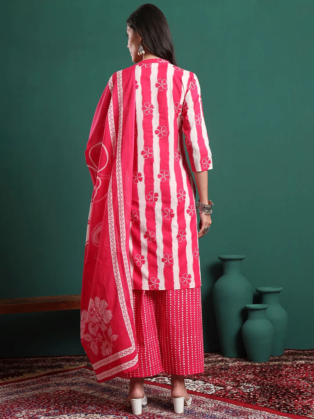 Pink Pure Cotton Striped Kurta Palazzo &amp; Dupatta Set