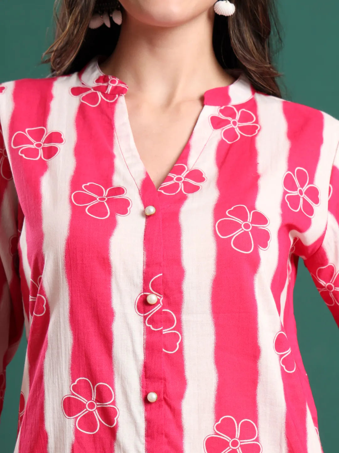 Pink Pure Cotton Striped Kurta Palazzo &amp; Dupatta Set