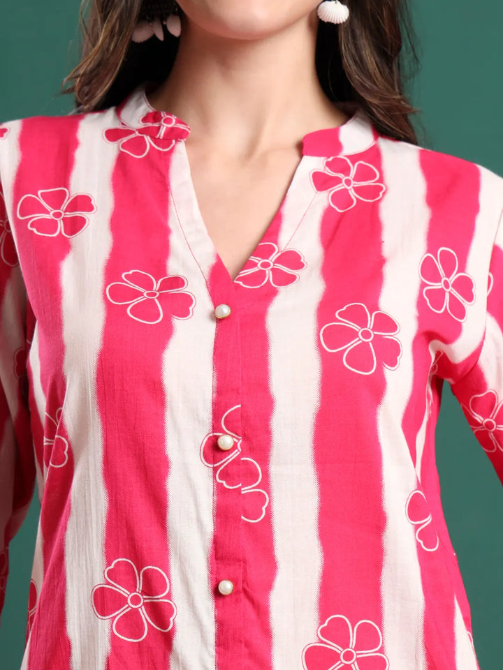 Pink Pure Cotton Striped Kurta Palazzo &amp; Dupatta Set