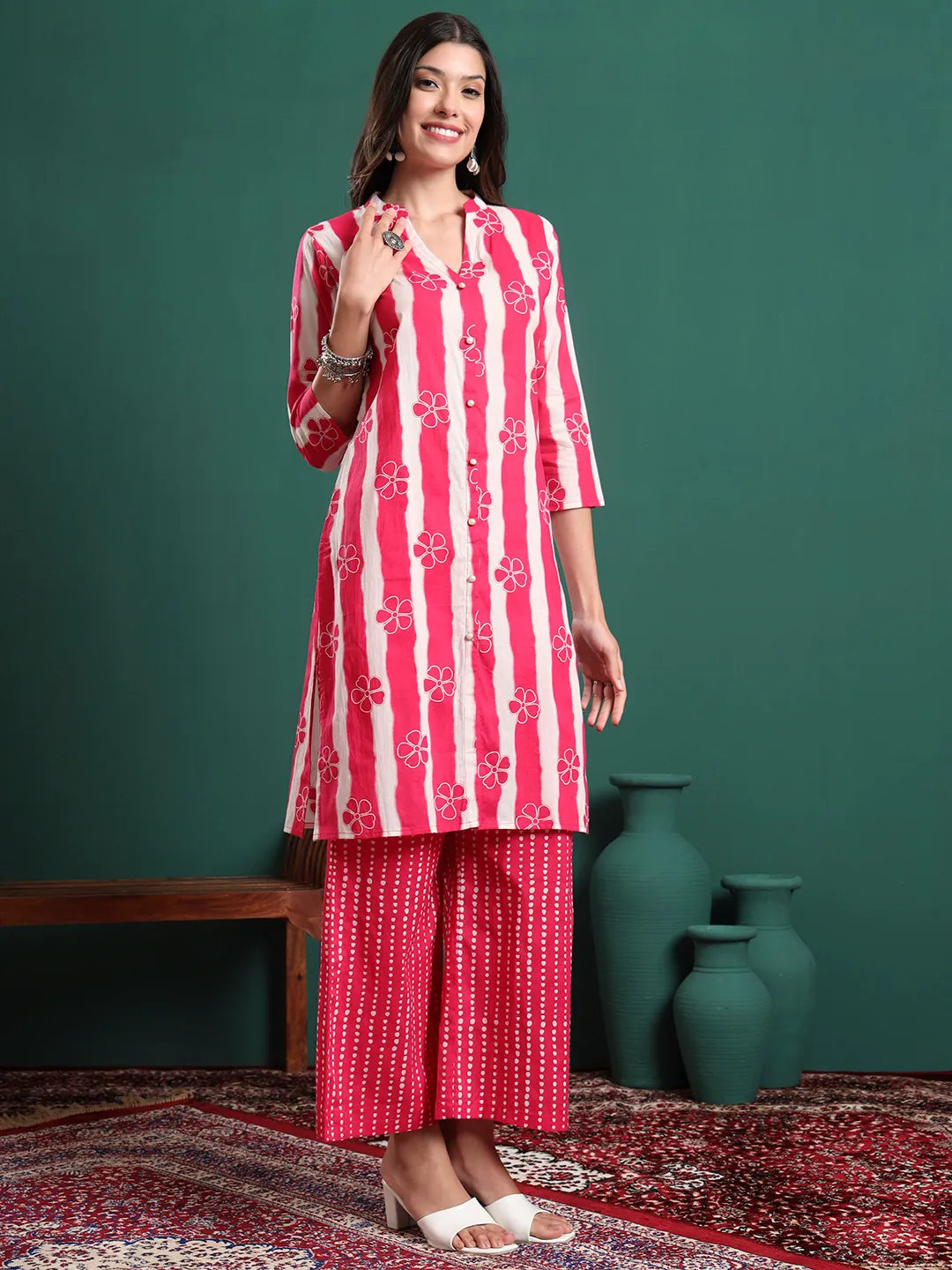 Pink Pure Cotton Striped Kurta Palazzo & Dupatta Set