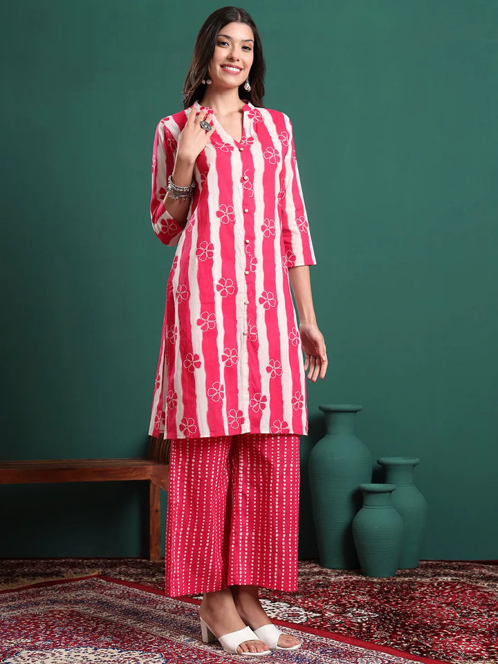Pink Pure Cotton Striped Kurta Palazzo &amp; Dupatta Set
