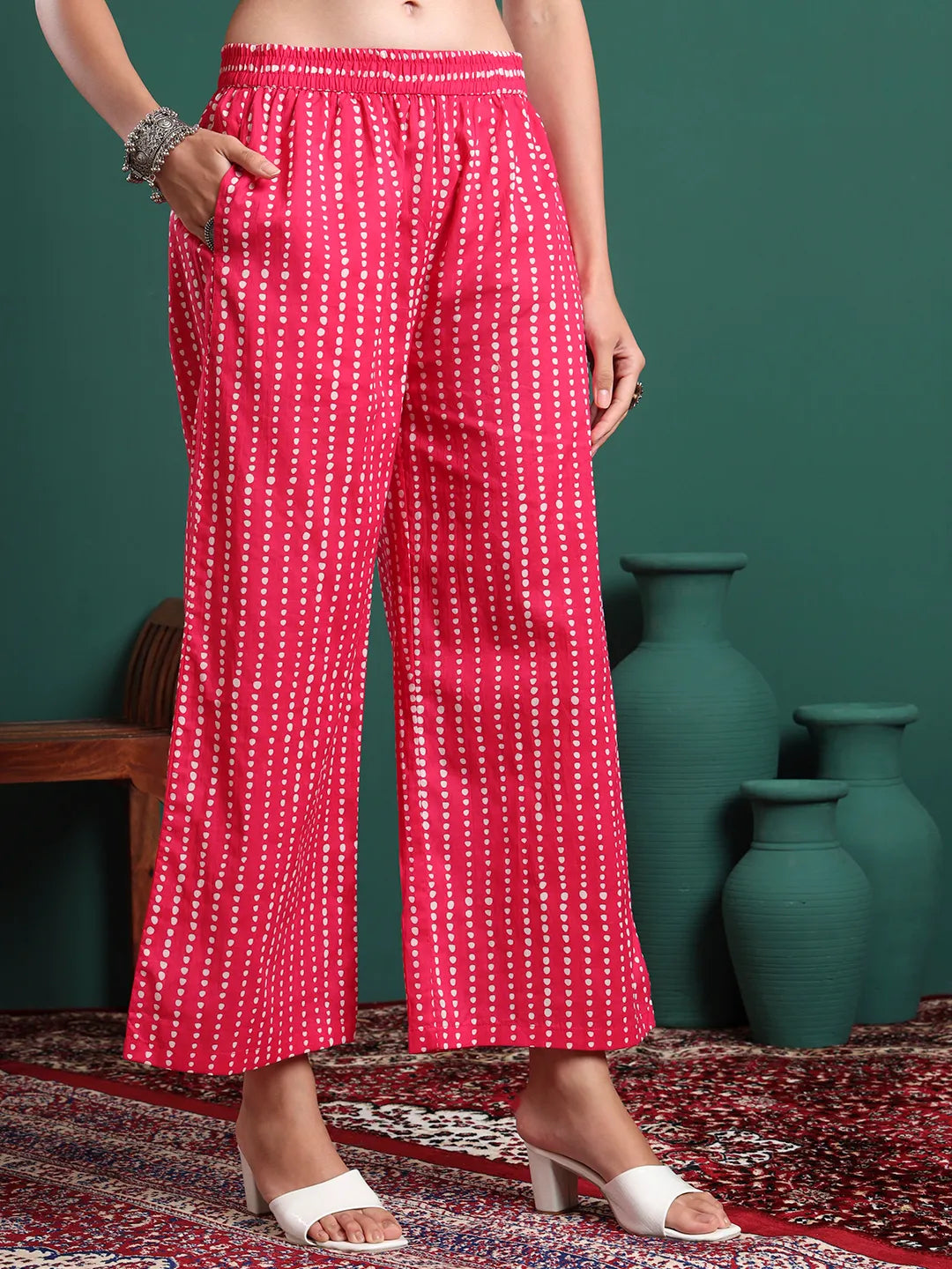 Pink Pure Cotton Striped Kurta Palazzo & Dupatta Set