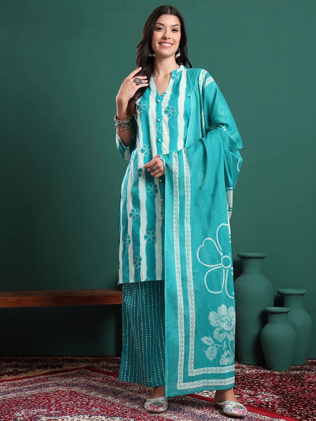 Blue Pure Cotton Striped Kurta Palazzo & Dupatta Set
