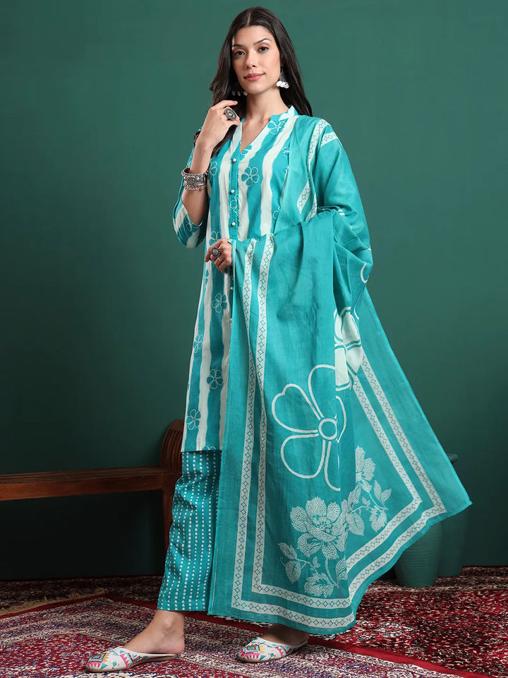 Blue Pure Cotton Striped Kurta Palazzo &amp; Dupatta Set