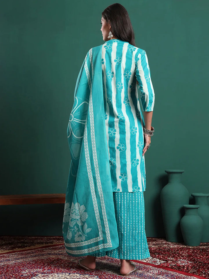 Blue Pure Cotton Striped Kurta Palazzo &amp; Dupatta Set
