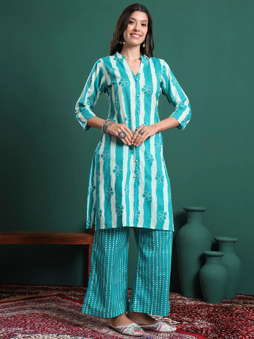 Blue Pure Cotton Striped Kurta Palazzo & Dupatta Set