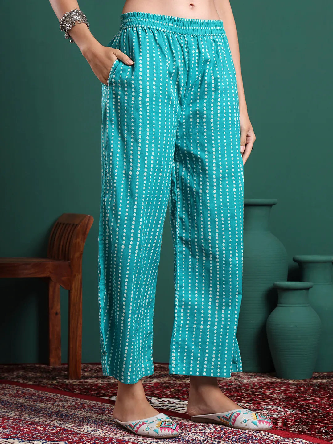 Blue Pure Cotton Striped Kurta Palazzo & Dupatta Set