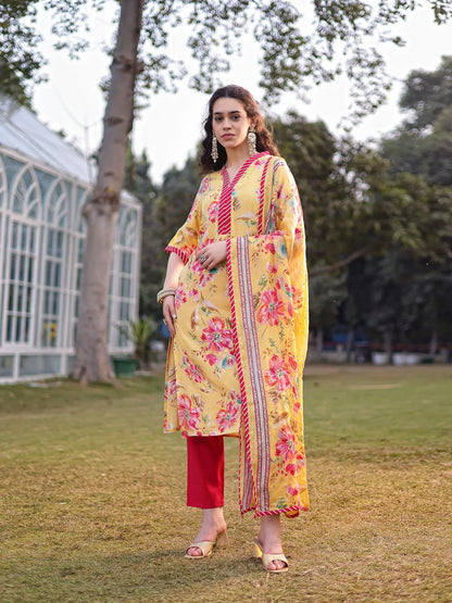 Yellow Floral Print Lensing Straight Kurta Trouser Dupatta Set