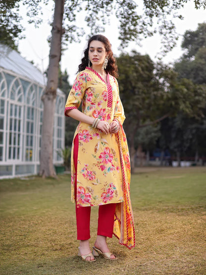 Yellow Floral Print Lensing Straight Kurta Trouser Dupatta Set