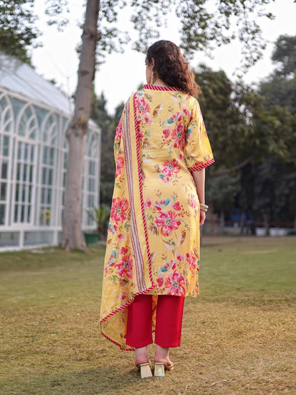 Yellow Floral Print Lensing Straight Kurta Trouser Dupatta Set