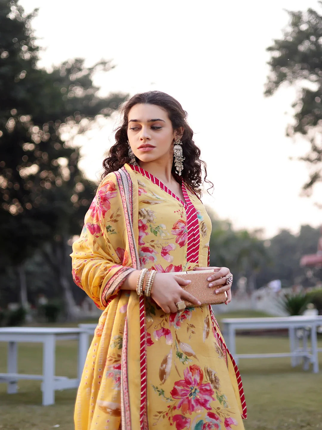 Yellow Floral Print Lensing Straight Kurta Trouser Dupatta Set