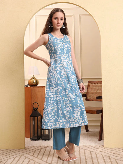 Blue Floral Print A-Line Kurta Trouser Set