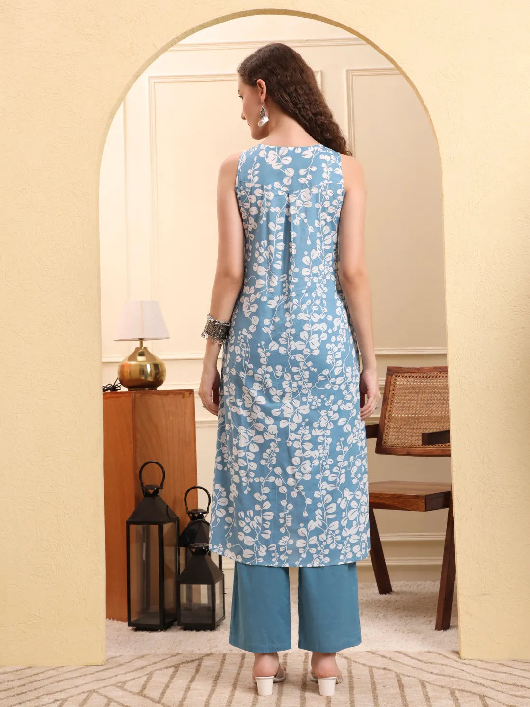 Blue Floral Print A-Line Kurta Trouser Set