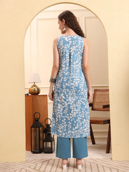 Blue Floral Print A-Line Kurta Trouser Set