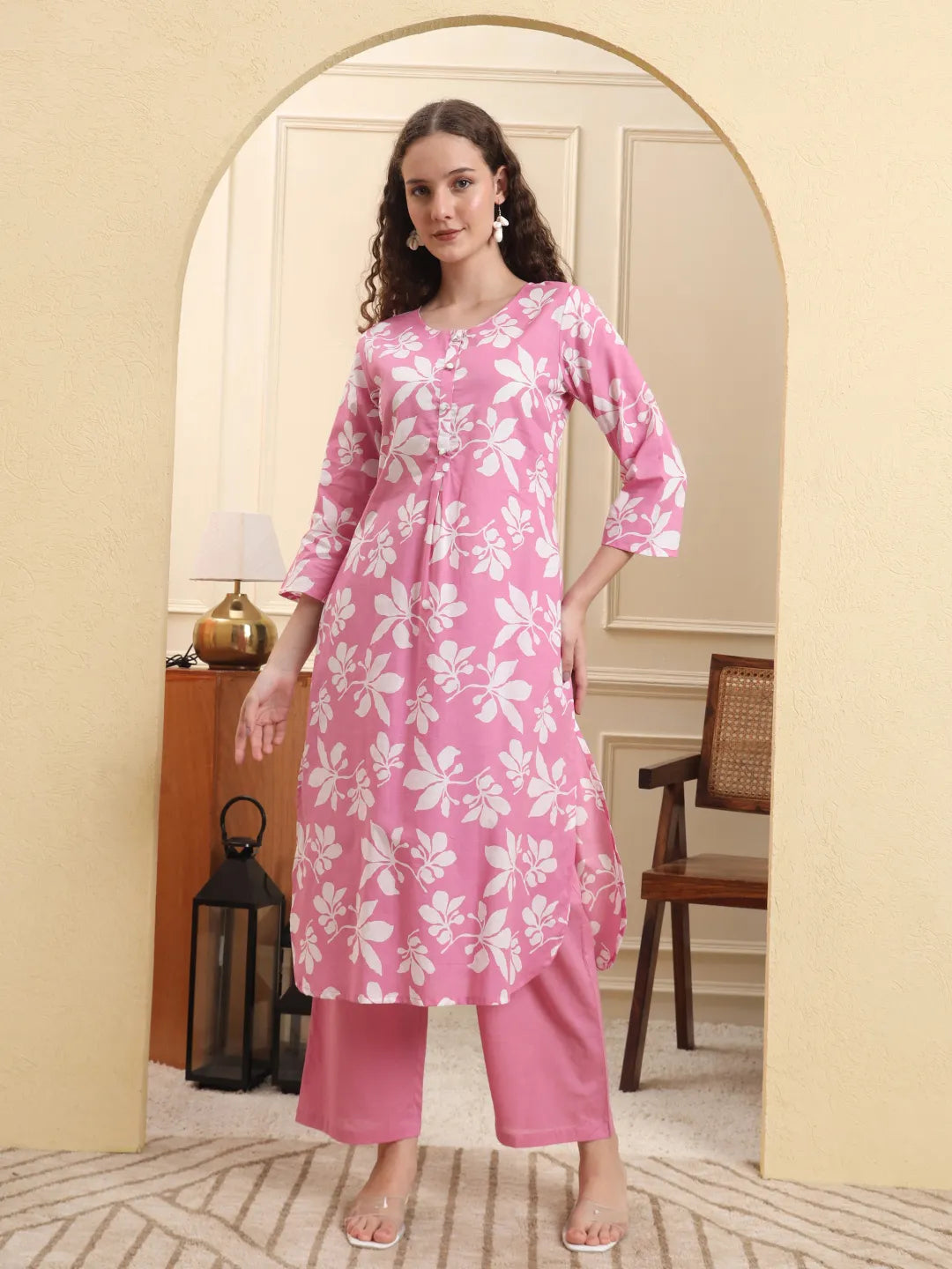 Pink Pure Cotton Straight Kurta Pant Set Pink Cotton Straight Kurta Pant