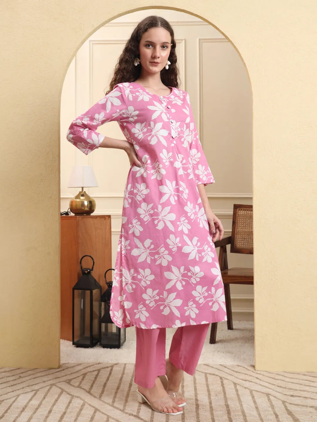 Pink Pure Cotton Straight Kurta Pant Set Pink Cotton Straight Kurta Pant