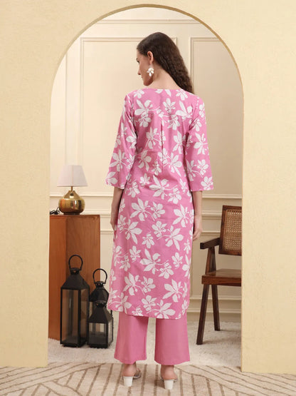 Pink Pure Cotton Straight Kurta Pant Set Pink Cotton Straight Kurta Pant