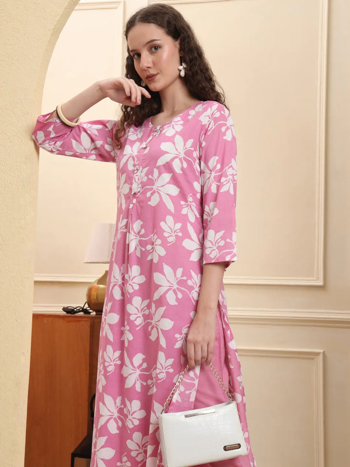Pink Pure Cotton Straight Kurta Pant Set Pink Cotton Straight Kurta Pant