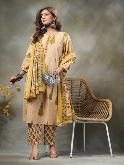 Green And Peach Floral Sequins Work Cotton A-Line Kurta And Trouser Dupatta Set