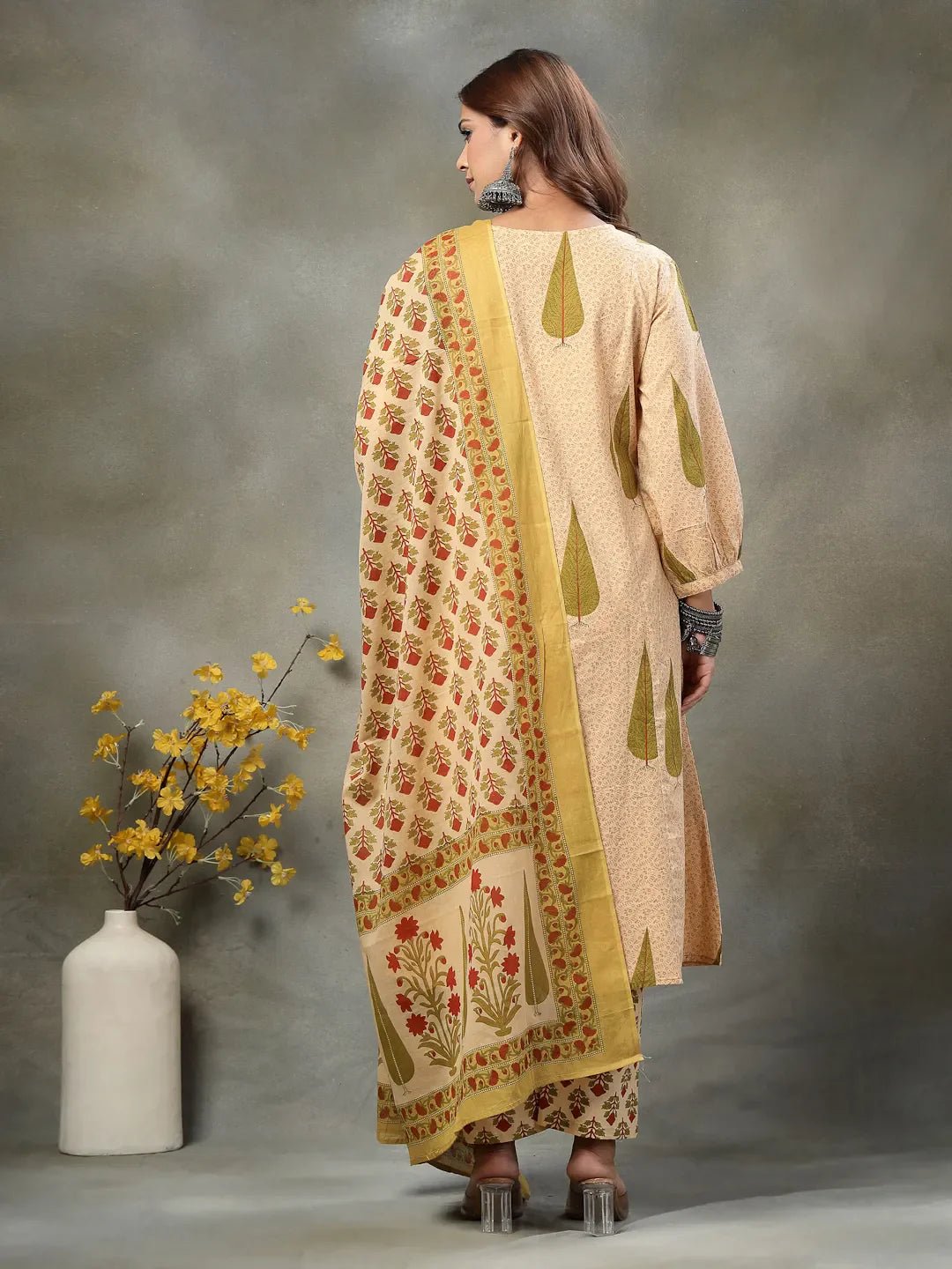 Green And Peach Floral Sequins Work Cotton A-Line Kurta And Trouser Dupatta Set