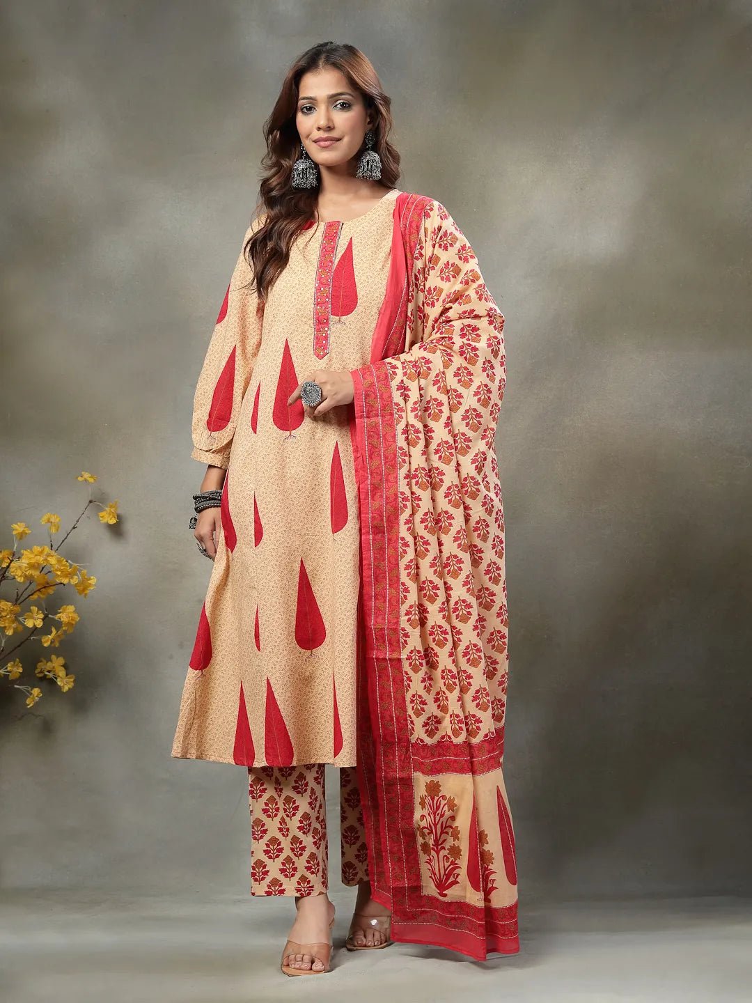 Red And Peach Floral Sequins Work Cotton A-Line Kurta And Trouser Dupatta Set