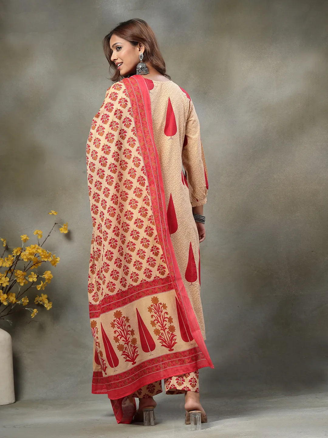 Red And Peach Floral Sequins Work Cotton A-Line Kurta And Trouser Dupatta Set