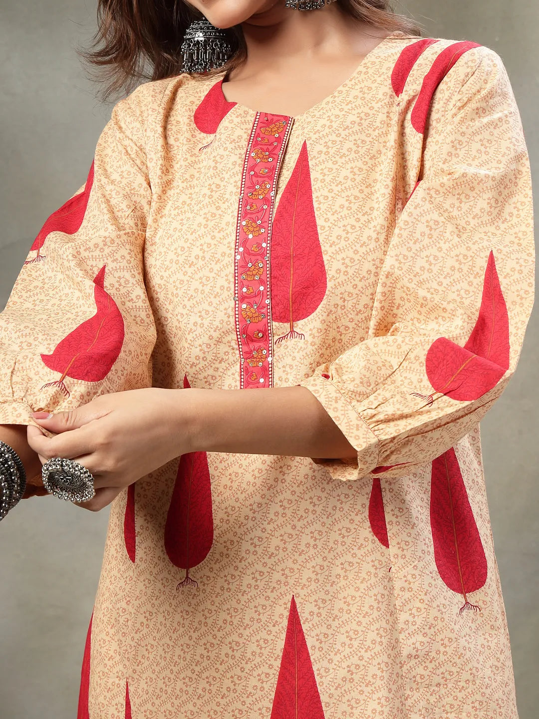 Red And Peach Floral Sequins Work Cotton A-Line Kurta And Trouser Dupatta Set