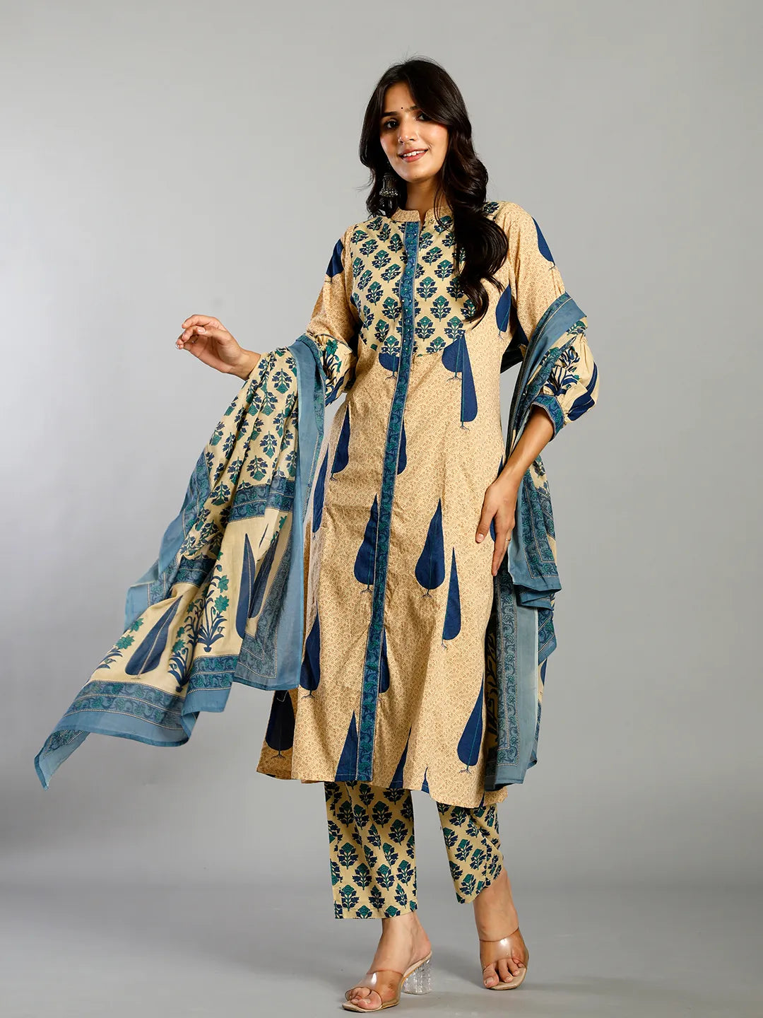 Blue And Cream Ethnic Motifs Cotton A-Line Kurta Trouser Dupatta Set