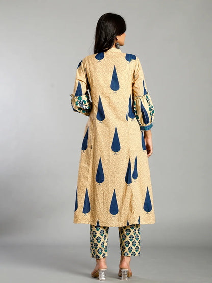 Blue And Cream Ethnic Motifs Cotton A-Line Kurta Trouser Dupatta Set