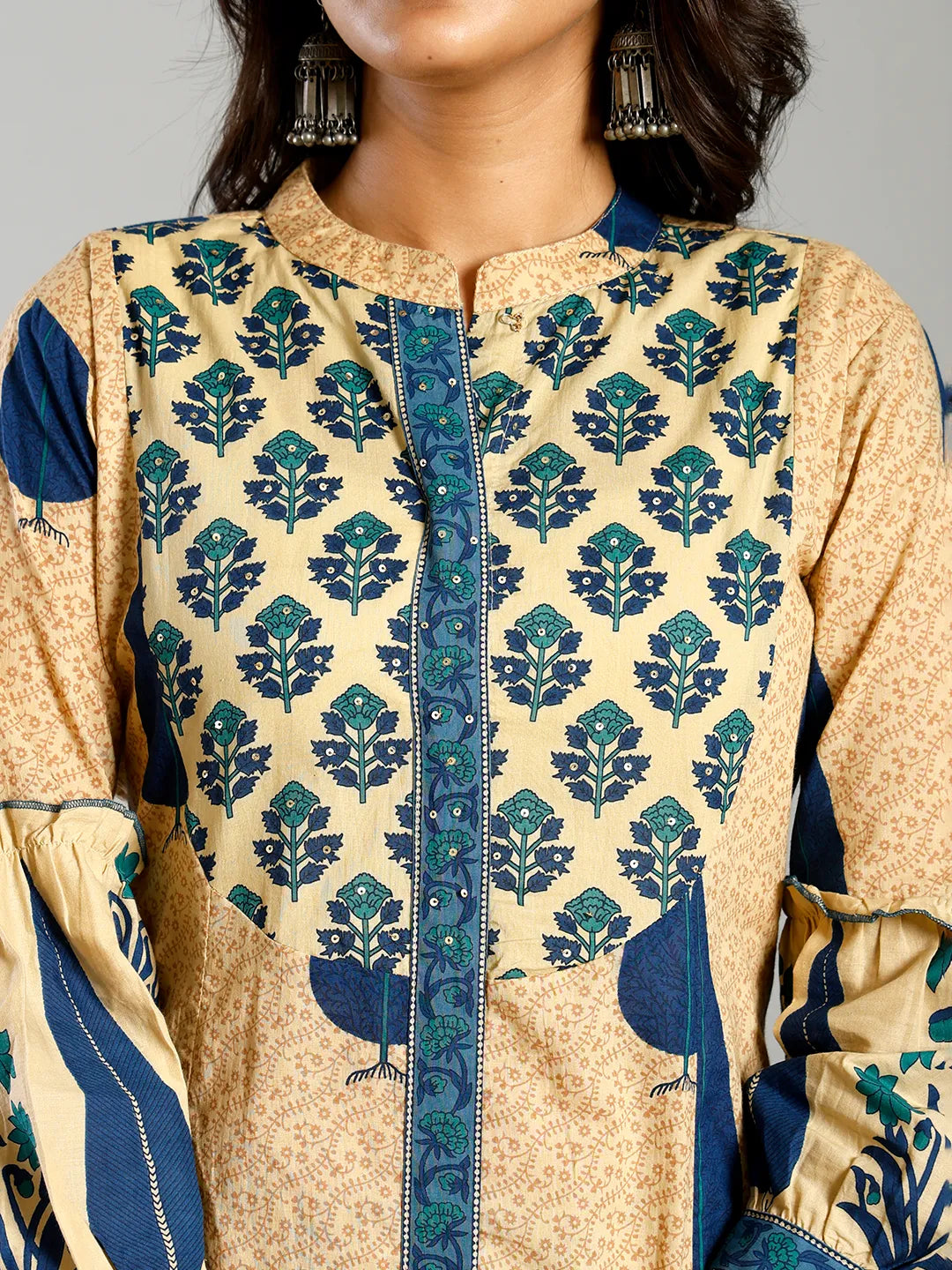Blue And Cream Ethnic Motifs Cotton A-Line Kurta Trouser Dupatta Set