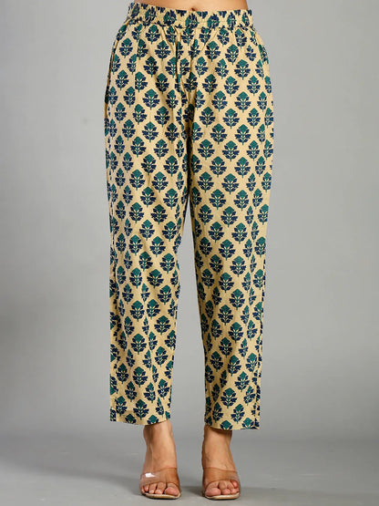 Blue And Cream Ethnic Motifs Cotton A-Line Kurta Trouser Dupatta Set