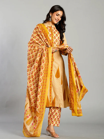 Mustard And Cream Ethnic Motifs Cotton A-Line Kurta Trouser Dupatta Set