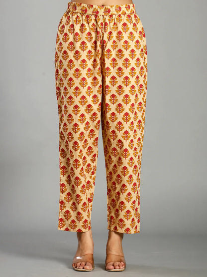 Mustard And Cream Ethnic Motifs Cotton A-Line Kurta Trouser Dupatta Set