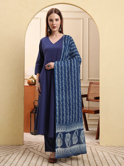 Blue Floral A-Line Maternity Kurta Trouser Dupatta Set
