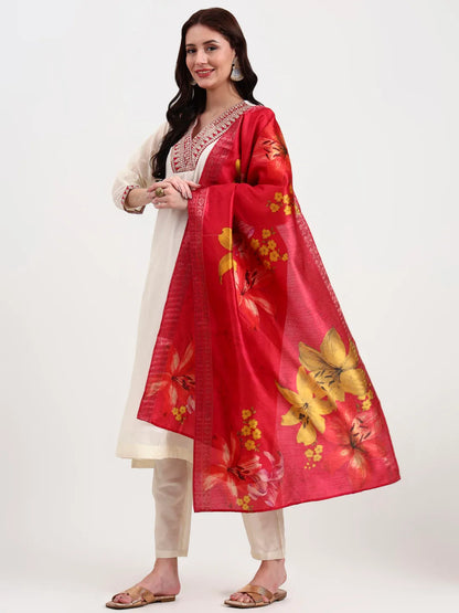 Cream Chanderi A Line Dori Embroidery Kurta Set With Pant And Dupatta