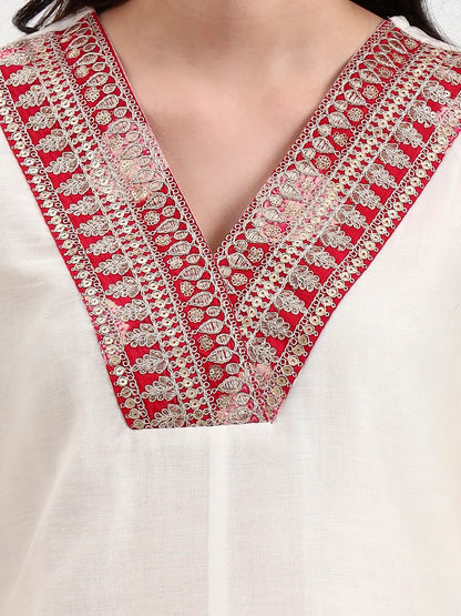 Cream Chanderi A Line Dori Embroidery Kurta Set With Pant And Dupatta