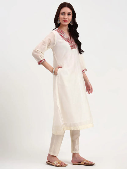 Cream Chanderi A Line Dori Embroidery Kurta Set With Pant And Dupatta
