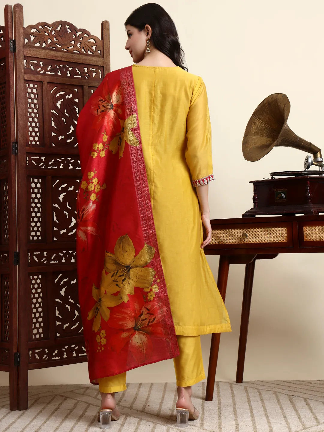 Yellow Chanderi A Line Dori Embroidery Kurta Set With Pant And Dupatta