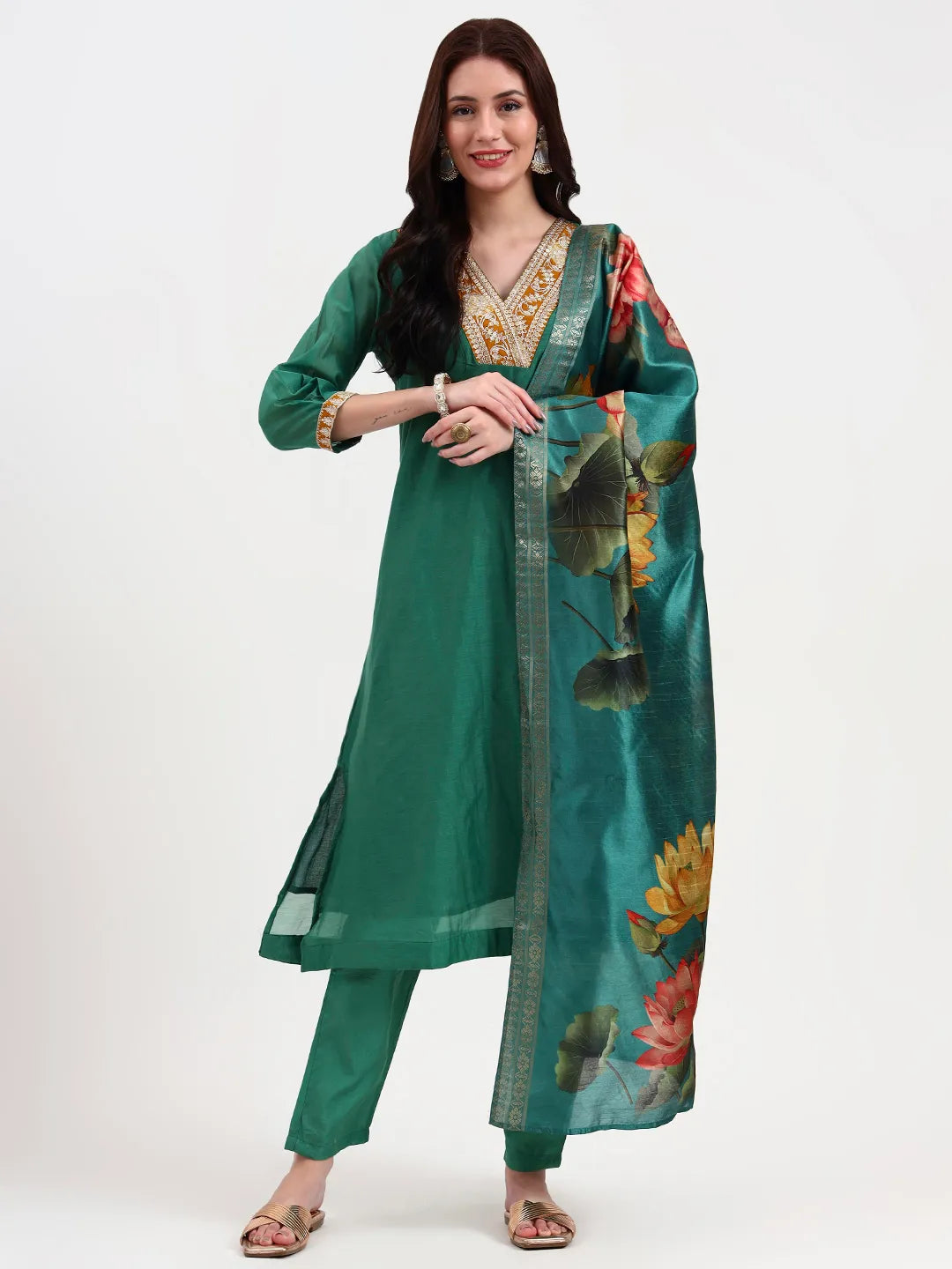 Green Chanderi A Line Dori Embroidery Kurta Set With Pant And Dupatta