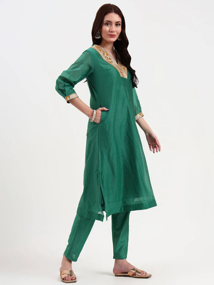 Green Chanderi A Line Dori Embroidery Kurta Set With Pant And Dupatta