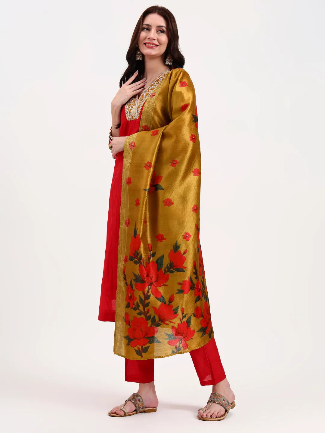 Red Chanderi A Line Dori Embroidery Kurta Set With Pant And Dupatta