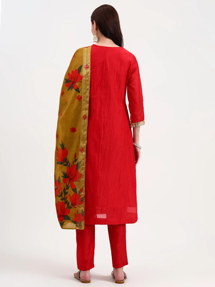 Red Chanderi A Line Dori Embroidery Kurta Set With Pant And Dupatta