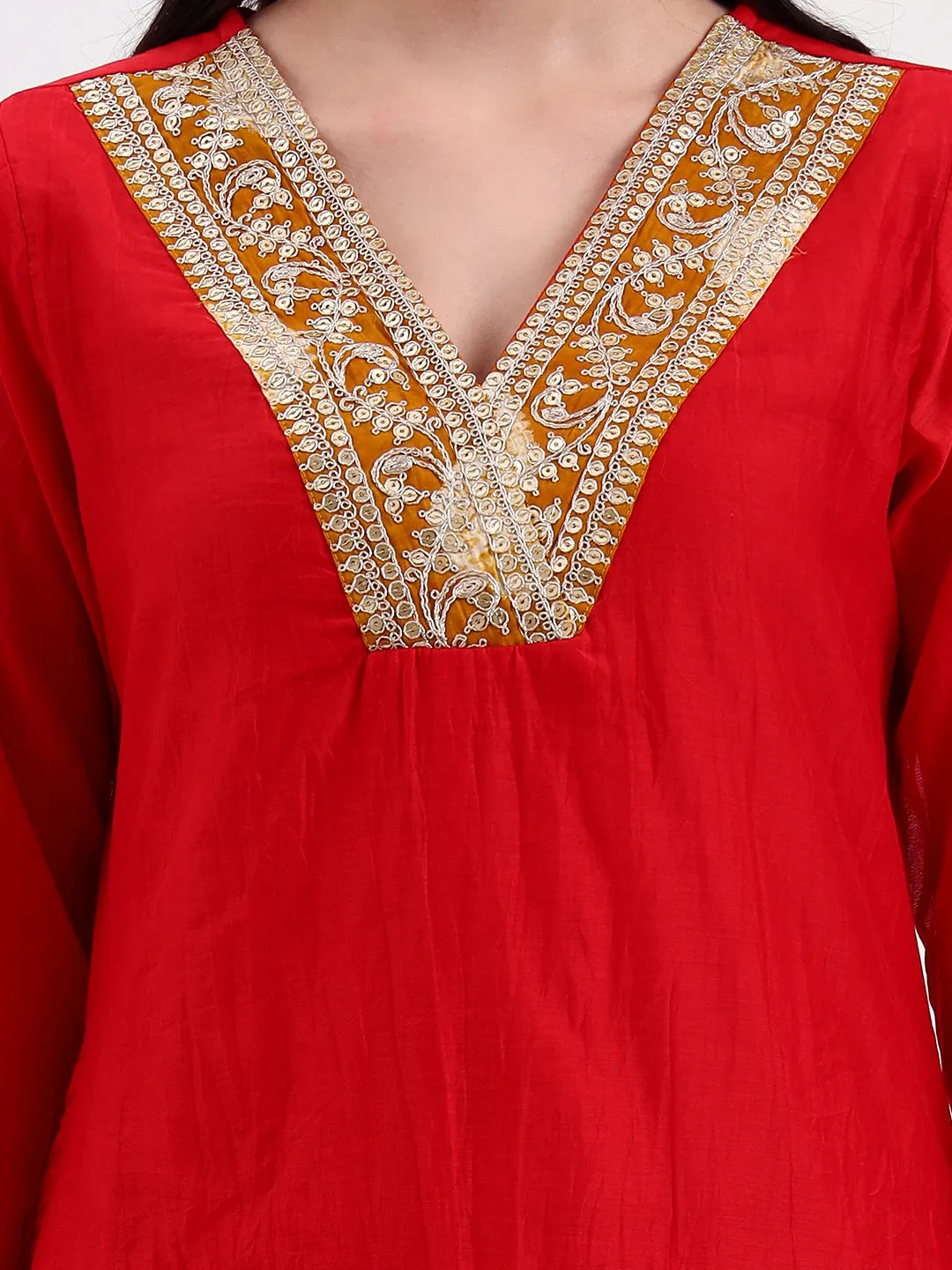 Red Chanderi A Line Dori Embroidery Kurta Set With Pant And Dupatta